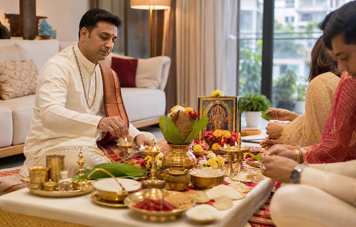 AI generated Hindi pandit guiding a family with puja preparation